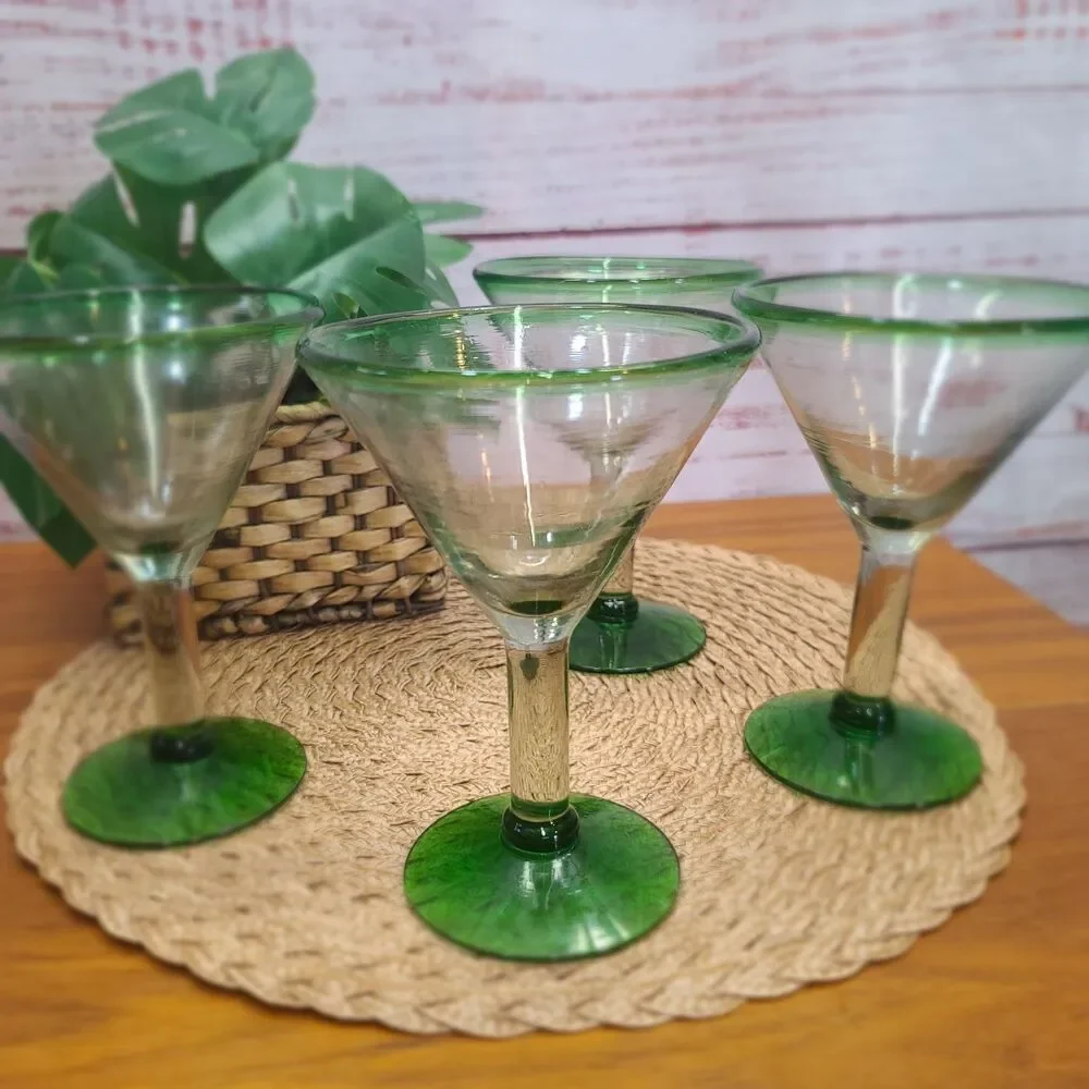 Set of 4 Mexican Hand Blown Tequila Margarita or Martini Glasses Heavy Green Rim